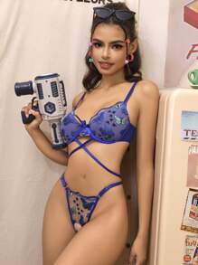 SHEIN 2pcs Sheer Embroidery Women's Underwear With Underwire, Lingerie - Royal Blue - View 4