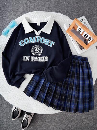 Sparklyn Tween 女童条纹格子拼色字母印花运动衫和百褶裙 2 件套服装，休闲美式校园风格，适合春秋季返校通勤