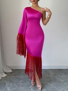Elenzga Đầm Maxi Satin Đơn Giản Hàng Ngày Màu Trơn Cho Nữ Có Trang Trí Tua Rua - Màu Hồng Tươi - Xem 3
