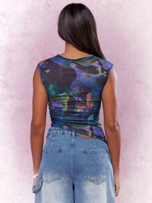MISSGUIDED Street Asymmetric One Side Ruched Cloud Print Cap Sleeves Top - Multicolor - View 2