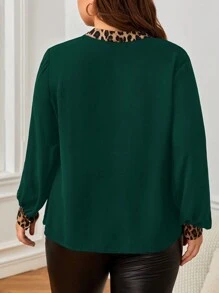 SHEIN Clasi Plus Size Women's Spring & Summer Patchwork Leopard Print V-Neck Long Sleeve Blouse - Dark Green - View 2