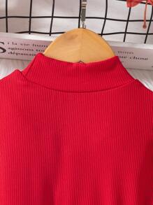 Christmas 2pcs Young Girl Urban Elegant Red Rib Knit High Neck Top And Red-Green Plaid Skort Set,Autumn,Family Matching,Back-To-School Party Outfit - Red - View 5