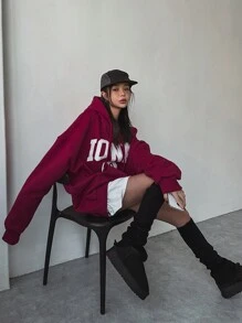 DAZY Women Christmas Letter Print Loose Fit Hooded Sweatshirt ,Holiday,Long Sleeve Tops,Fall Women Clothes Hoodies - Red - View 7
