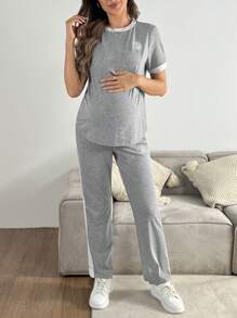 SHEIN Maternity Simple Round Neck Short Sleeve Patchwork Top And Loose Pants 2-Piece Casual Set - Grey - View 1