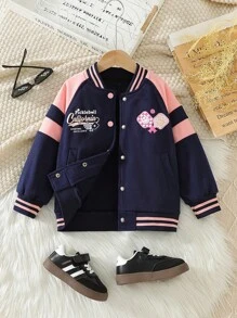 Young Girls Front Button Stripe Patchwork Embroidered Pocket Casual Jacket - Multicolor - View 1