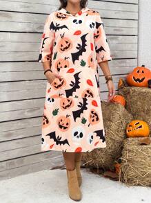 大码女式南瓜印花口袋 3/4 袖连帽长款休闲连衣裙，夏季 - 彩色 - 查看 1
