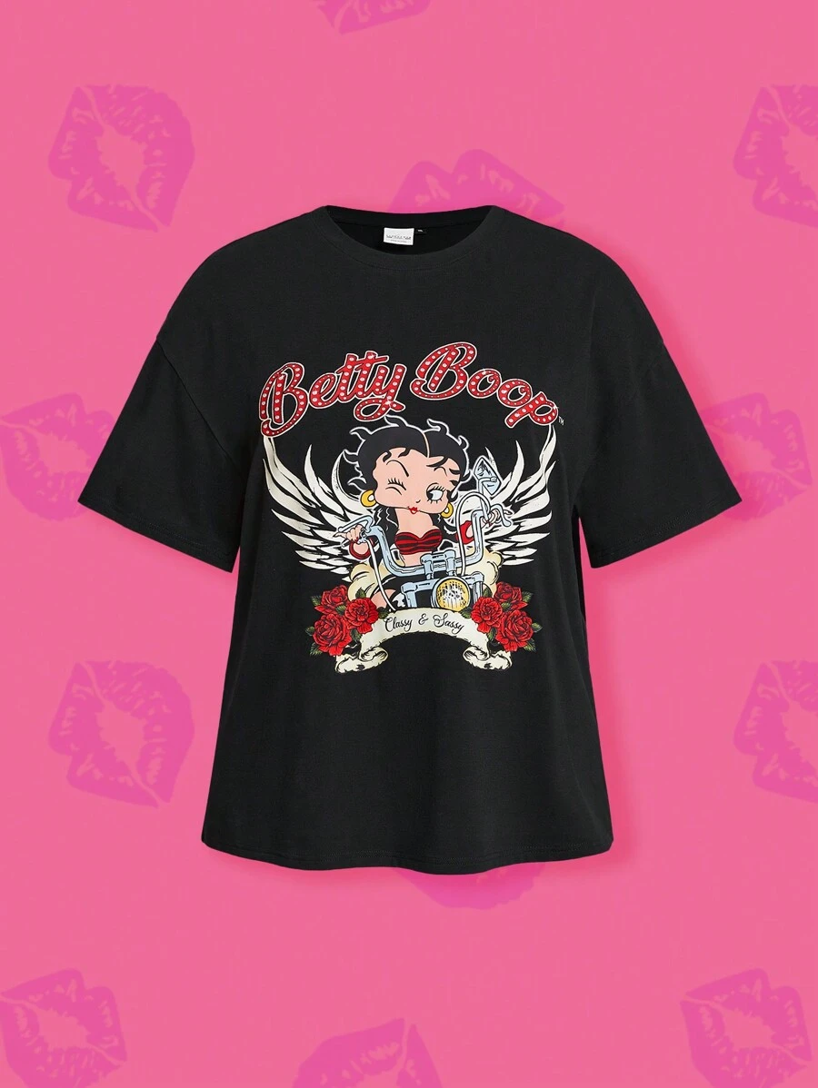 Betty Boop x SHEIN Camiseta de talla grande con estampado de rosa americana y motocicleta, adecuada para uso casual, color negro
