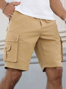 Manfinity Homme Pantalones cortos de bolsillo sencillos de unicolor para hombres, de uso diario - Caqui - Ver 1