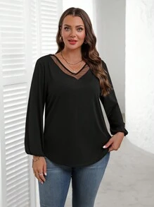 EMERY ROSE Plus Size Women's V-Neck Long Sleeve Casual Solid Color Mesh Contrast Fall T-Shirt