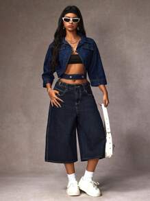 SHEIN EZwear Quần Jeans Capri Denim Ống Rộng Có Túi Cho Nữ - Màu xanh lam - Xem 5
