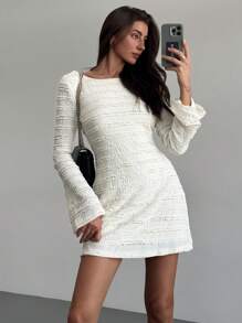 SHEIN PETITE CURVE 加大码新款圆领性感提花针织弹力面料喇叭袖露背短款连衣裙，女士夏季连衣裙 - 杏色 - 查看 5