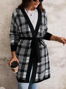 SHEIN LUNE Plus Size Women Plus Size Plaid Print Tie Front Long Sleeve Cardigan Fall Cloth For Women - Black and White - View 1