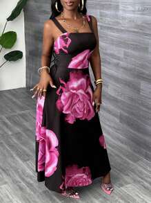 Slaydiva Summer New Style Casual Holiday Elegant Daily Date Vest Wide Strap Waist A-Line Skirt Full Black Bottom Red Flower Print Women's Long Dress