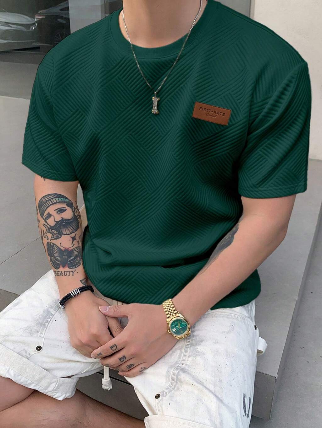 여름 남성용 라운드 넥 반팔 레터 패치 티셔츠