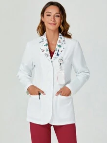 TaskEZ 女士手术服制服白大褂简约女士 29 英寸 3 口袋领口印花弹力实验室大褂 - 彩色 - 查看 2