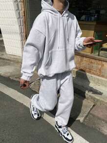 DAZY 男士纯色长袖连帽衫运动服，带口袋和裤子，休闲两件套服装，秋季日常休闲装 - 灰色 - 查看 1
