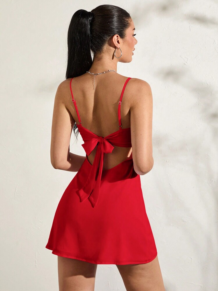 SHEIN BAE 女士性感露背蝴蝶结挂脖无袖 A 字夏季连衣裙 - 紅色 - 查看 1