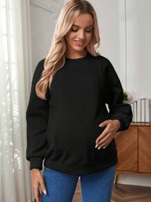 SHEIN Pregnant Women Winter Solid Round Neck Long Sleeve Pullover Fleece Nursing Sweatshirt, For Maternity