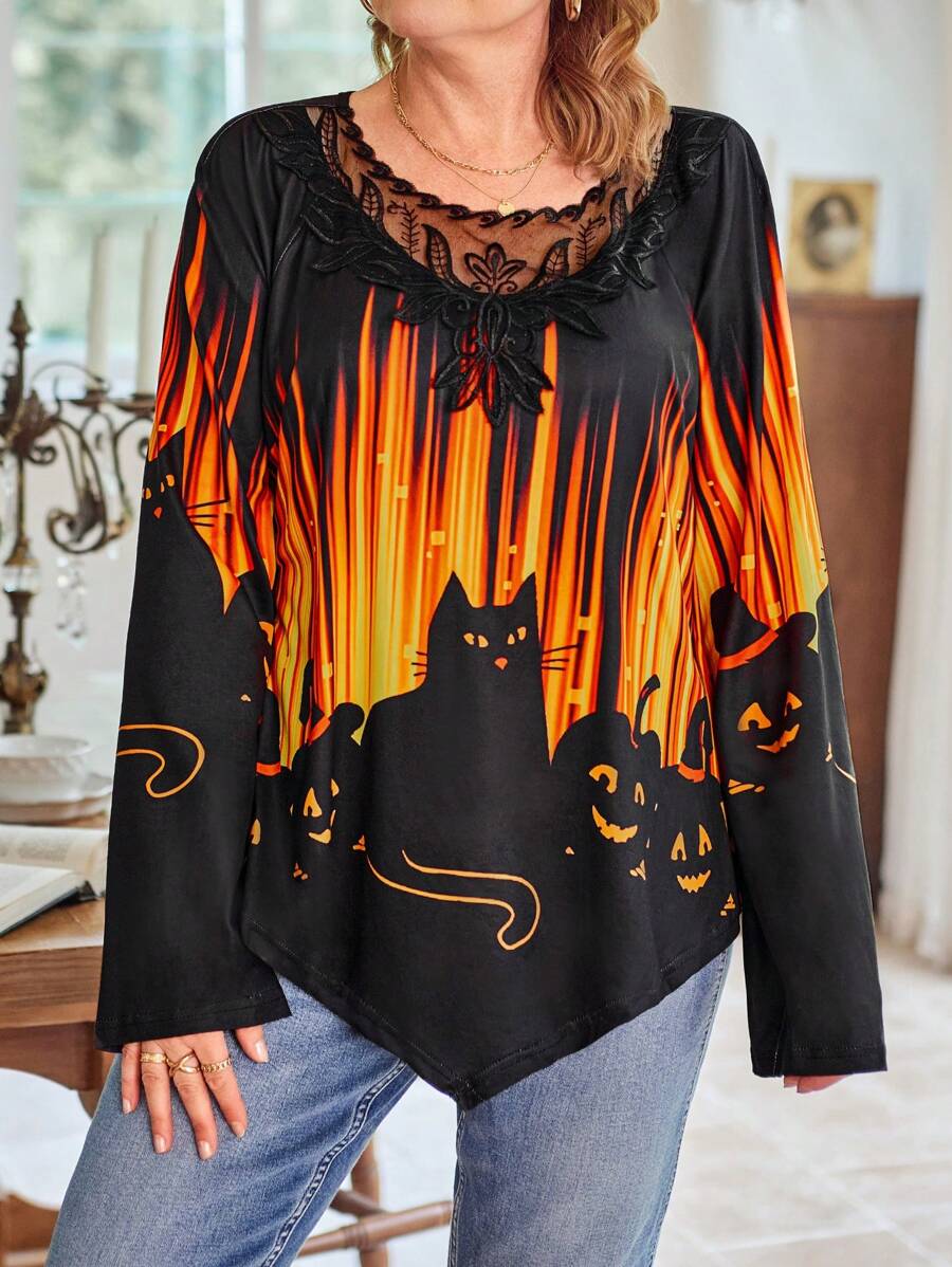 EMERY ROSE Plus Size Women Halloween Theme Cat Print Crew Neck Long Sleeve T-Shirt - Multicolor - View 1