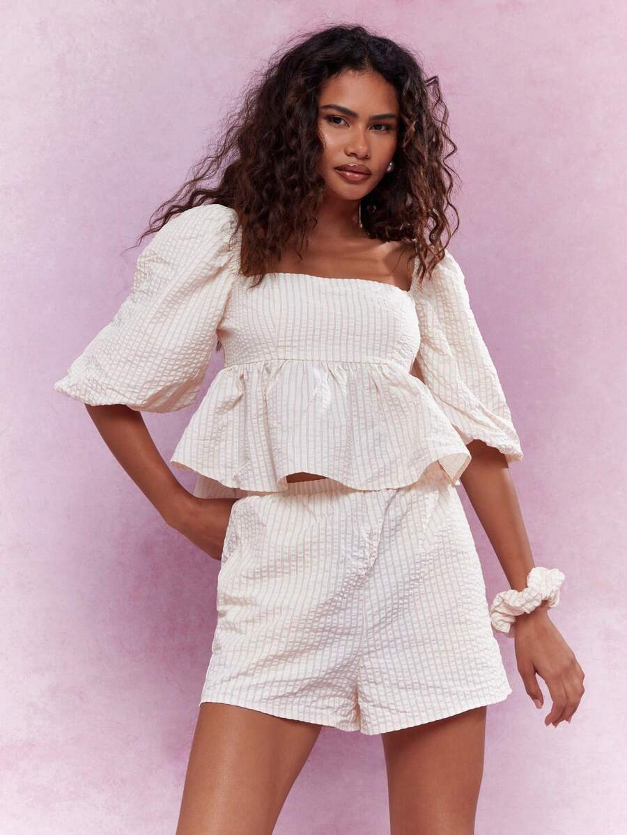 MISSGUIDED Waffle Stripe Square Neck Peplum Top Shorts Two-Piece