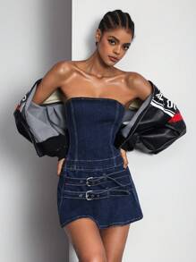 Váy denim thông thường có thắt lưng đơn giản - Màu xanh lam - Xem 5