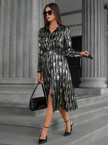 Aveloria Women Textured Foil Button Decor Tie-Waist Long Sleeve Shirt Dress