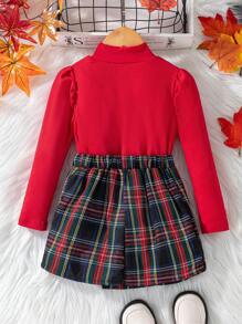 Christmas 2pcs Young Girl Urban Elegant Red Rib Knit High Neck Top And Red-Green Plaid Skort Set,Autumn,Family Matching,Back-To-School Party Outfit - Red - View 2