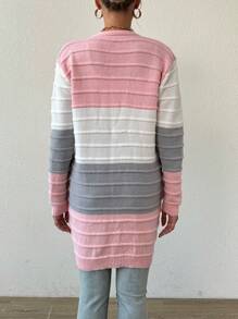 SHEIN LUNE Cárdigan de manga larga de punto con contraste de colores para mujer - Rosa - Ver 2