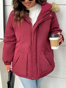 SHEIN LUNE 加大码纯色简约日常长袖加厚棉服外套冬季 - 酒紅色 - 查看 5