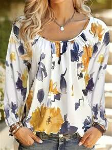 女士花卉印花长袖休闲衬衫 - 黃色 - 查看 3