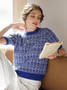 Knit Mix 优雅女士时尚印花针织圆领短袖T恤，宽松基础款上衣，夏季百搭，随机图案，适合春秋季返校季、秋冬季穿着，也适合圣诞节、感恩节和新年休闲场合。 - 藍色 - 查看 7