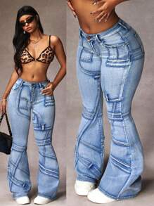 SHEIN ICON Calça Denim Feminina com Babado e Bolsos, Casual e Versátil - Azul - Visão 3