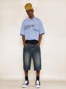 SUMWON Crop Fit Stripe Shirt With Letter Graphic Print - Blue - View 4