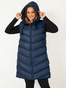 SHEIN Cottnline Abrigo acolchado sin mangas con capucha con cordón para mujer de talla grande - Azul Marino - Ver 4