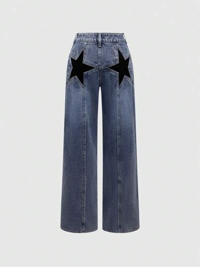 Grunge Punk Y2K Style Low-Rise Relaxed Straight Leg Boy Friend Jeans With Star Print