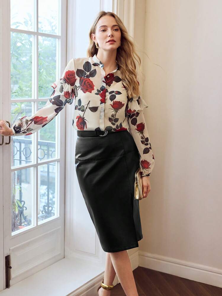 FLORAL PRINT RUFFLE TRIM SEMI-SHEER BLOUSE