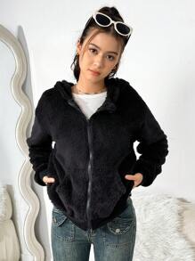 Teen Girls' Front Zipper Long Sleeve Reversible Fleece Hooded Jacket With Bear Pattern - Black - View 5