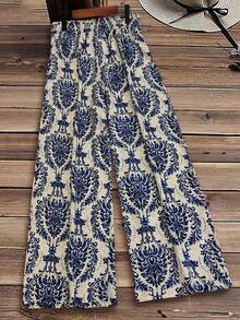 SHEIN LUNE 大码女式植物印花松紧腰宽松休闲阔腿裤 - 藍色 - 查看 2