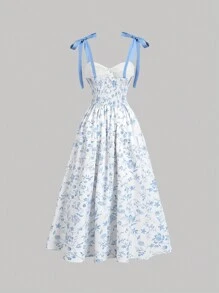 SHEIN MOD 女士无袖系带花卉印花中长褶皱连衣裙返校节连衣裙海滩女士服装节日服装文艺复兴连衣裙复古 - 杏色 - 查看 2
