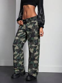 Front Button Pocket Camo Print Casual Denim Jeans Fall Women Clothes - Multicolor - View 4