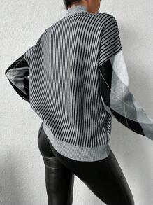 EURMUSE Striped & Argyle Pattern Mock Neck Drop Shoulder Sweater