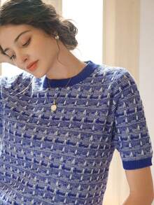 Knit Mix 优雅女士时尚印花针织圆领短袖T恤，宽松基础款上衣，夏季百搭，随机图案，适合春秋季返校季、秋冬季穿着，也适合圣诞节、感恩节和新年休闲场合。 - 藍色 - 查看 4