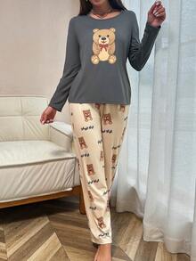 可爱熊印花女士长袖睡衣套装 - 灰色 - 查看 4