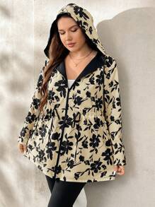 SHEIN Clasi Reversible Windbreaker Jacket, & Print On One Side, Solid Color On The Other Side, Plus Size, Autumn Winter Fall - Camel - View 8