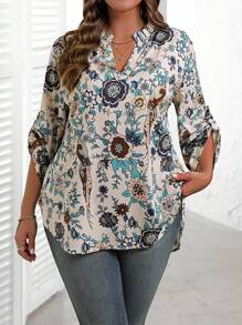 EMERY ROSE Camicia casual con scollo a V, maniche a volant e stampa floreale autunnale, per donne taglie forti