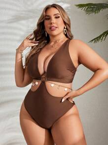 Swim Lushoire Plus Size Solid Color Cut Out Waist One-Piece Swimsuit With Ring Shell Decor, Summer Beach Bathing Suit - Brown - View 5