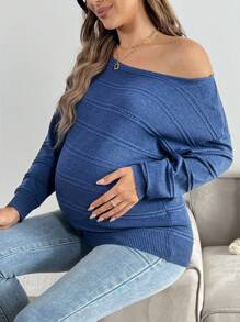 SHEIN 孕妇纯色圆领毛衣，春季和秋季，适合冬季 - 霧霾藍 - 查看 1