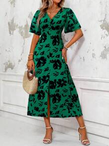 SHEIN LUNE V-Neck Short Sleeve All Over Floral Print Slit Casual Dress