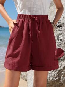 EMERY ROSE 松紧腰系带卷边下摆斜口袋休闲短裤夏季绿色短裤纯棉女短裤 - 酒紅色 - 查看 3