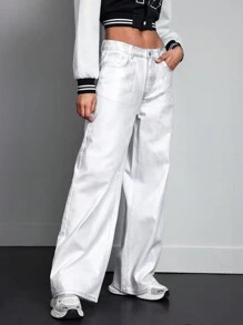 时尚金属洗水阔腿牛仔裤秋季女装 - 白色 - 查看 6